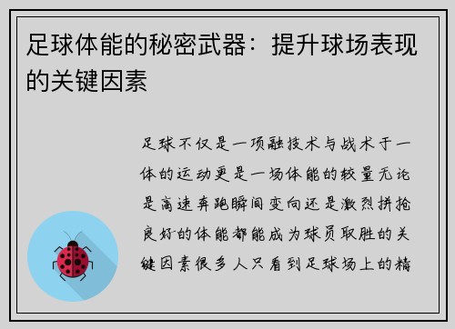 足球体能的秘密武器：提升球场表现的关键因素