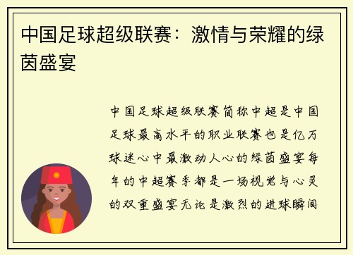 中国足球超级联赛:激情与荣耀的绿茵盛宴