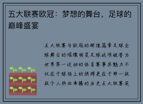 五大联赛欧冠：梦想的舞台，足球的巅峰盛宴