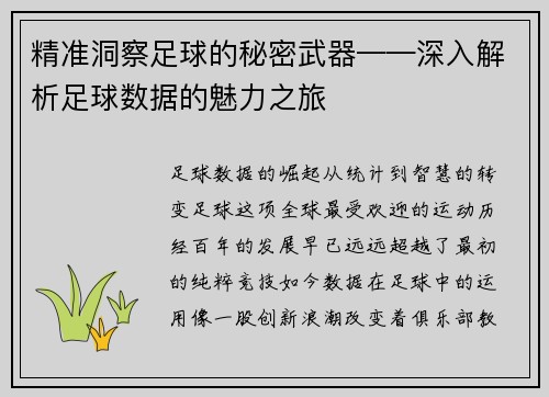 精准洞察足球的秘密武器——深入解析足球数据的魅力之旅